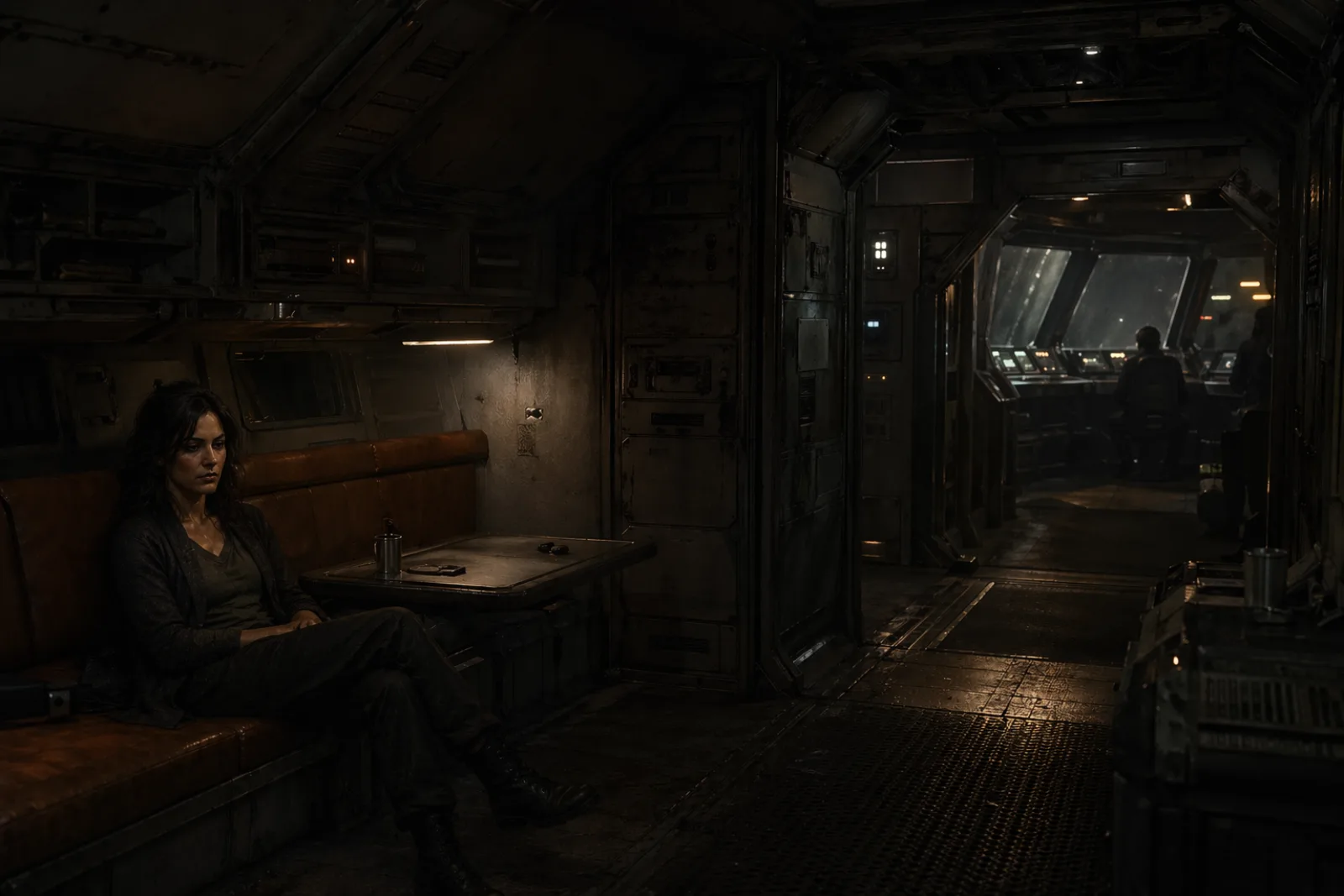 A quiet moment aboard the Rebel Ascendant, a crew member alone at a mess table