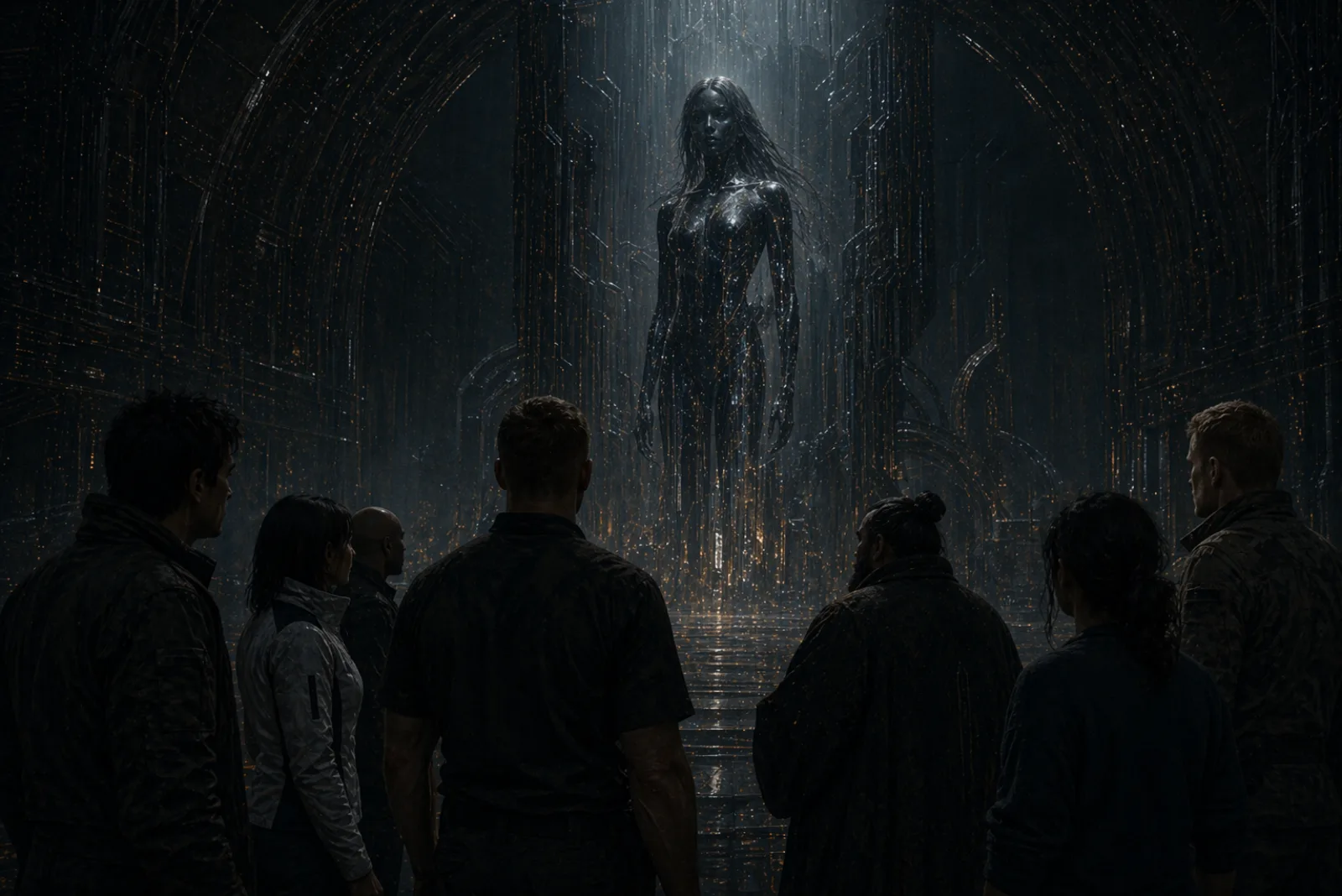 The crew standing before a luminous alien presence in a vast dark chamber