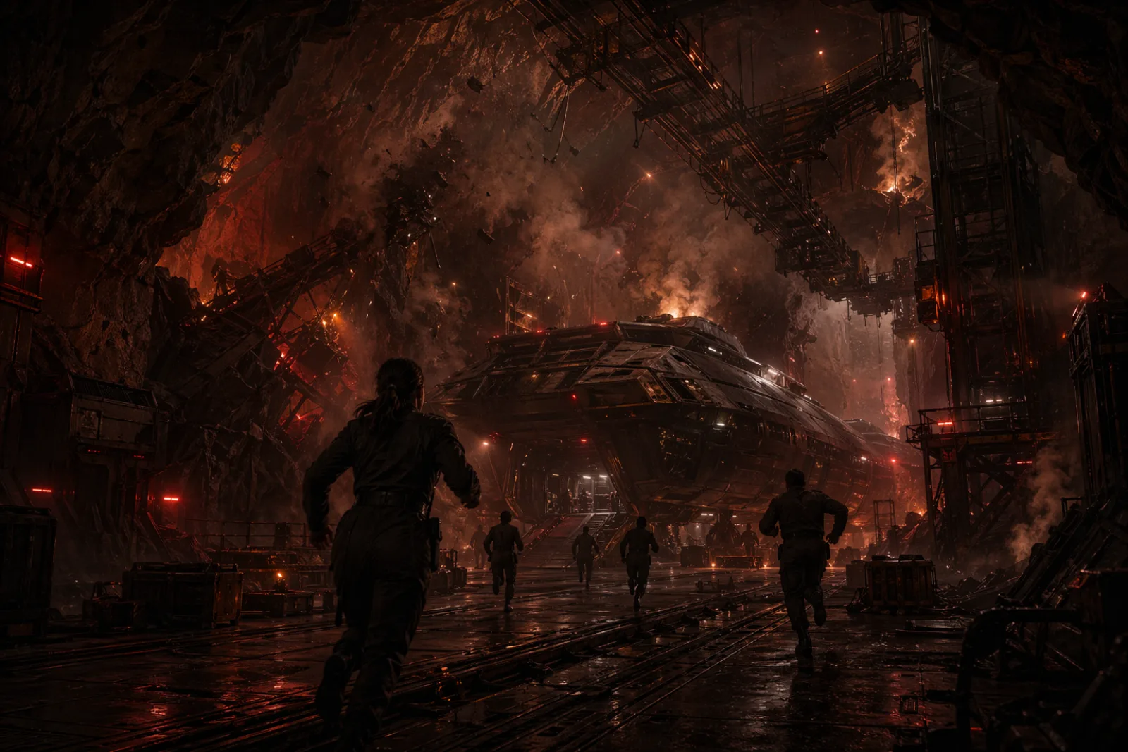 Crew members running toward their ship inside a burning cavern hangar
