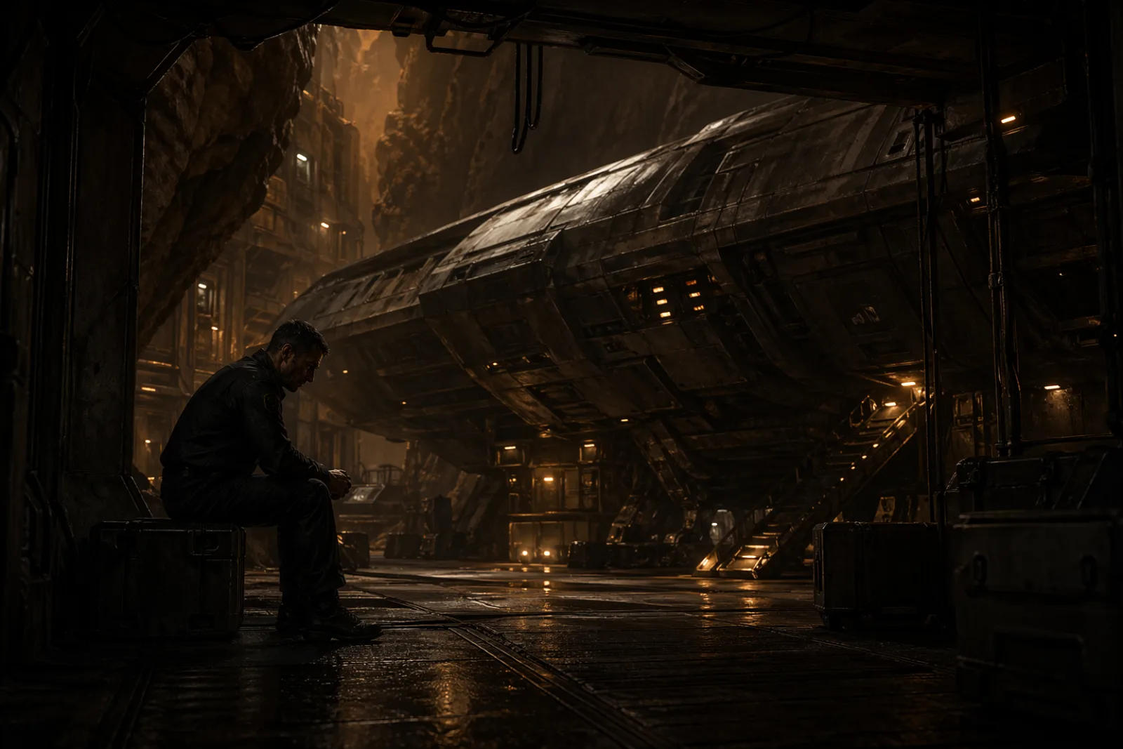 A man sitting alone in a hangar beneath a battered ship, head bowed