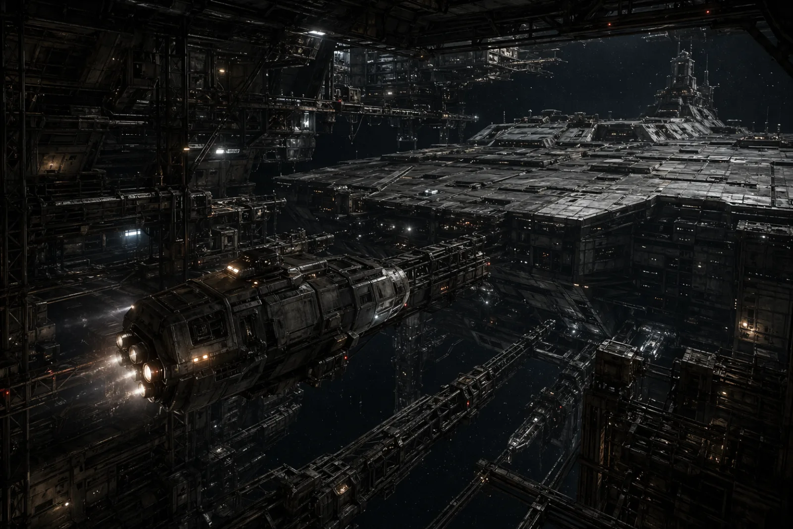 A small tender ship navigating the immense scaffolding of a deep-space installation
